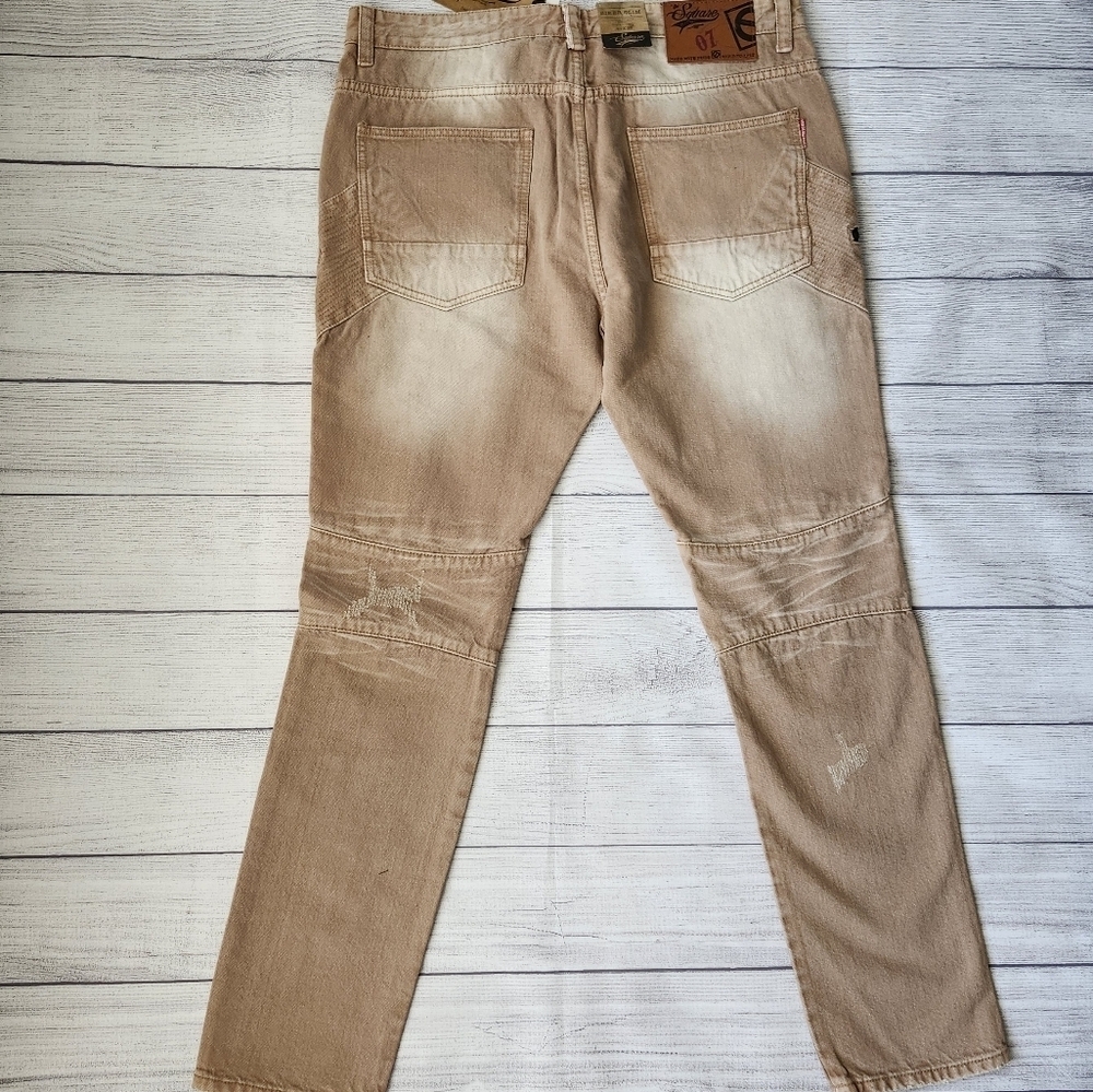 Men's Biker Slim Distressed Jeans (Tan/Taupe Wash) - Picture 14 of 16